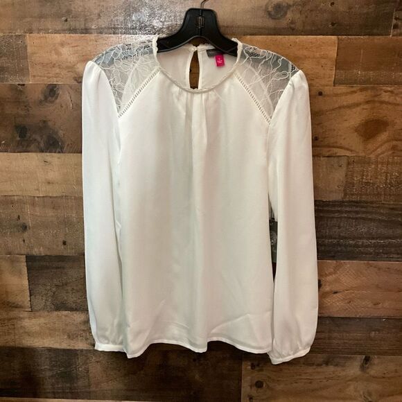 Vince Camuto Blouse Round Neck White New Ivory Lace Bishop Sleeves Lined Small - Picture 11 of 11